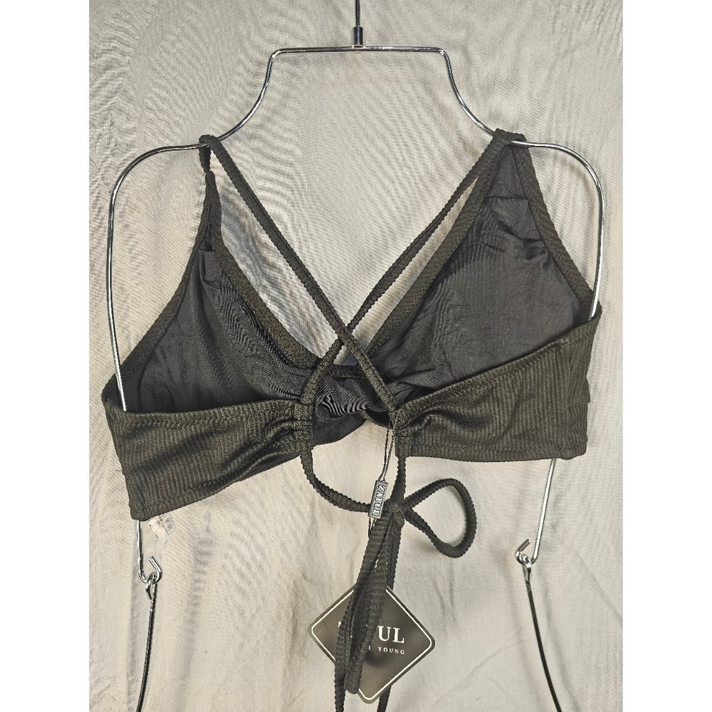 Zaful Womens Ribbed Wrap Triangle Bikini Set Black High Leg Thong Size 6 NEW - Picture 5 of 7